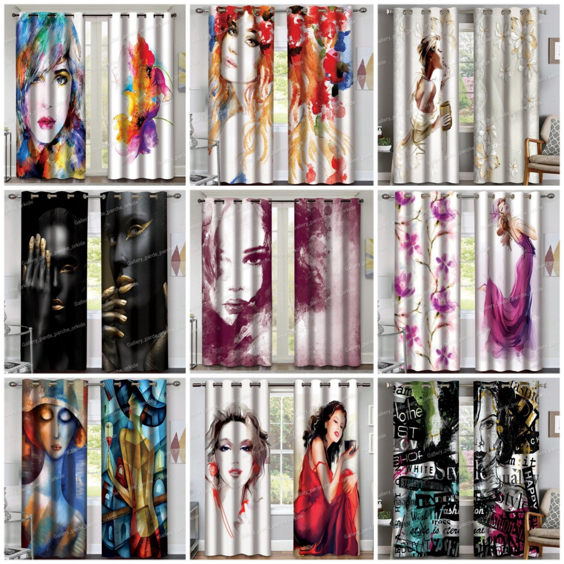 پرده چاپی طرح پرتره مناسب سالن زیبایی و فضاهای هنری