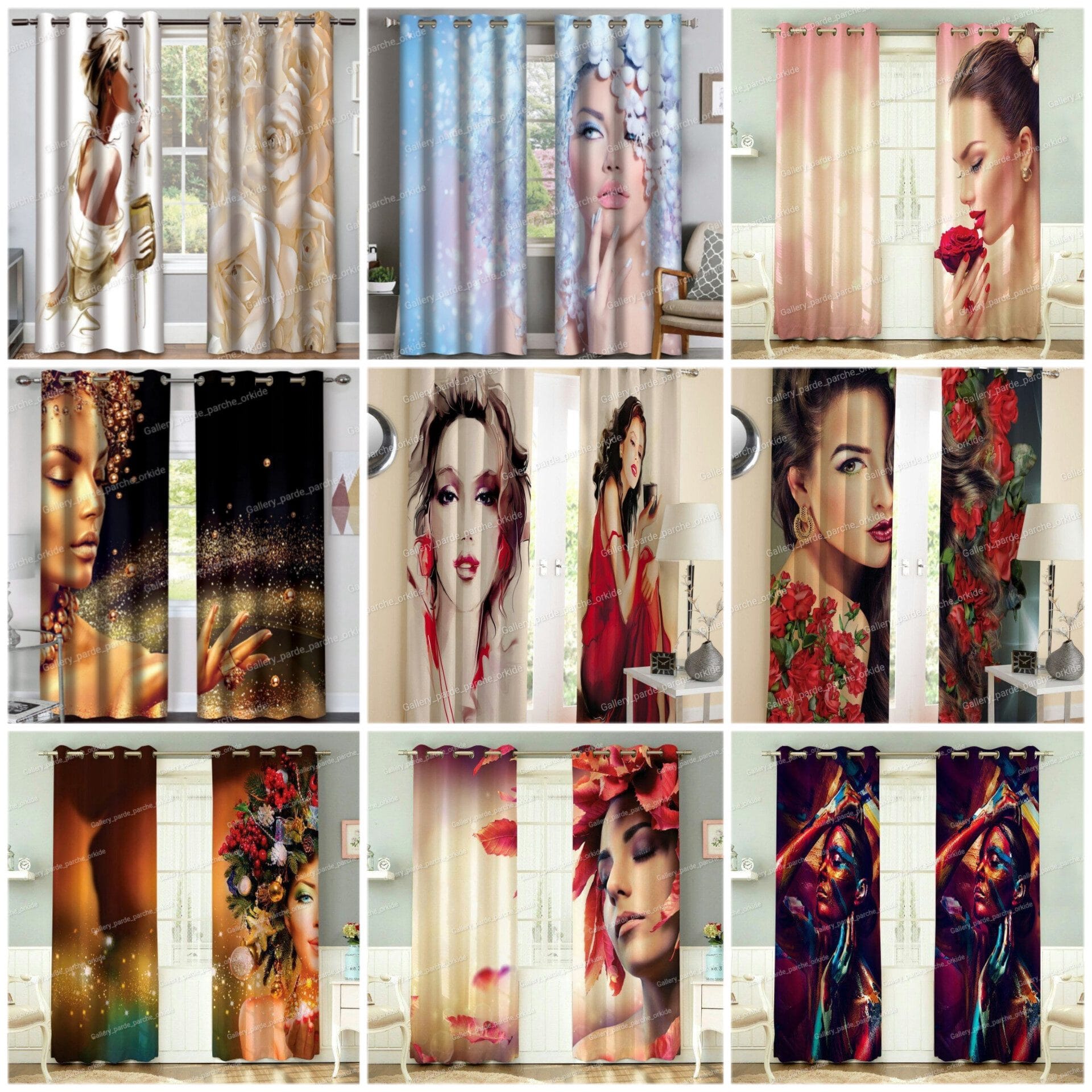 پرده چاپی طرح پرتره مناسب سالن زیبایی و فضاهای هنری