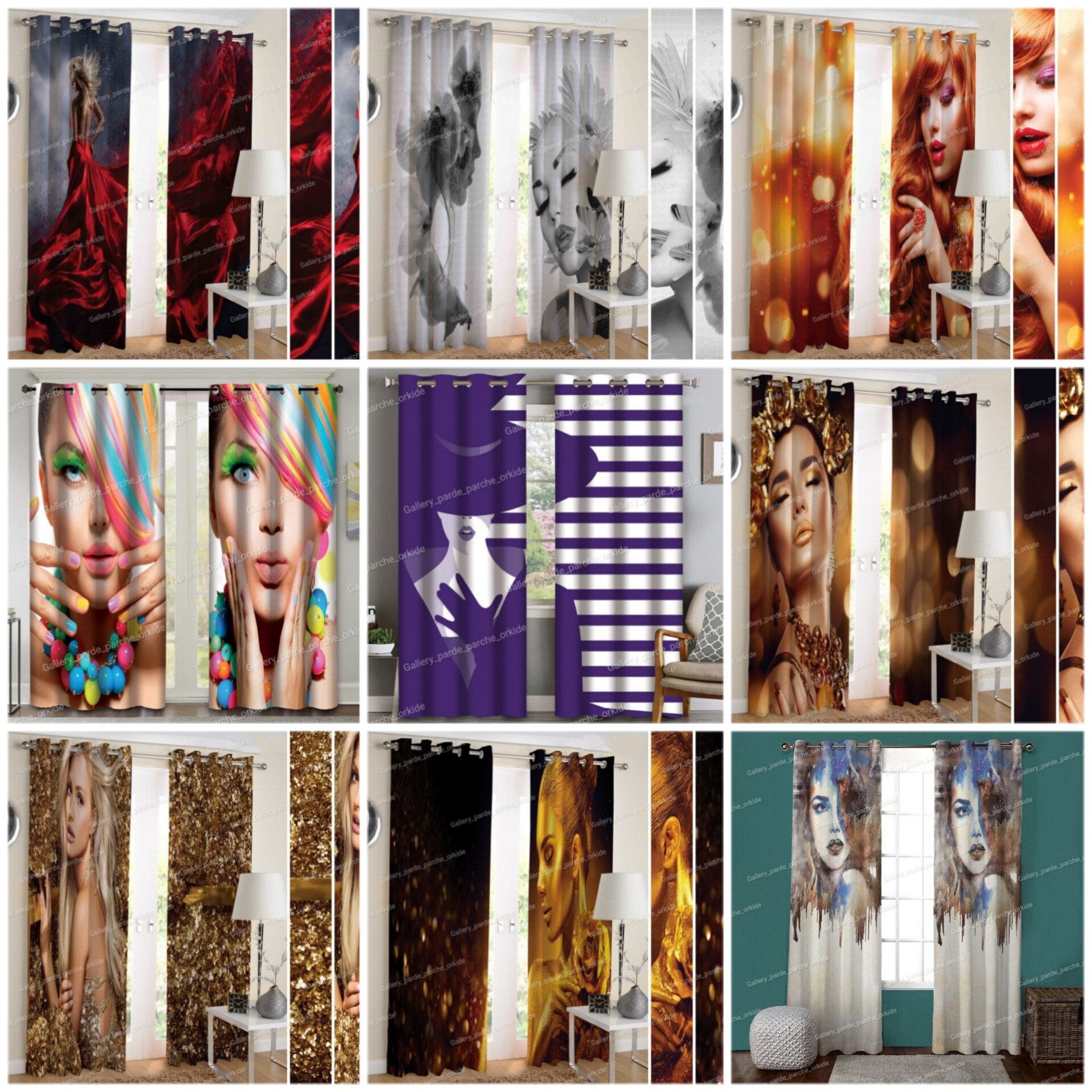 پرده چاپی طرح پرتره مناسب سالن زیبایی و فضاهای هنری