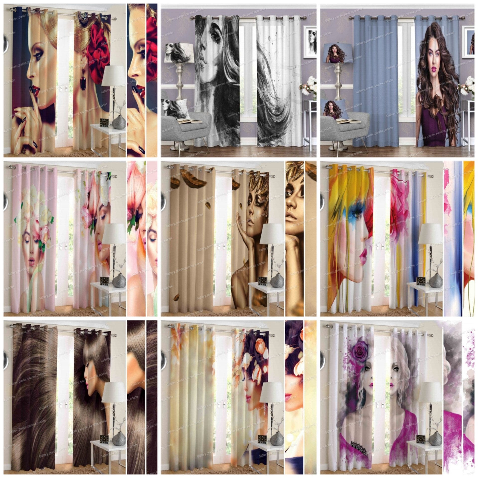 پرده چاپی طرح پرتره مناسب سالن زیبایی و فضاهای هنری