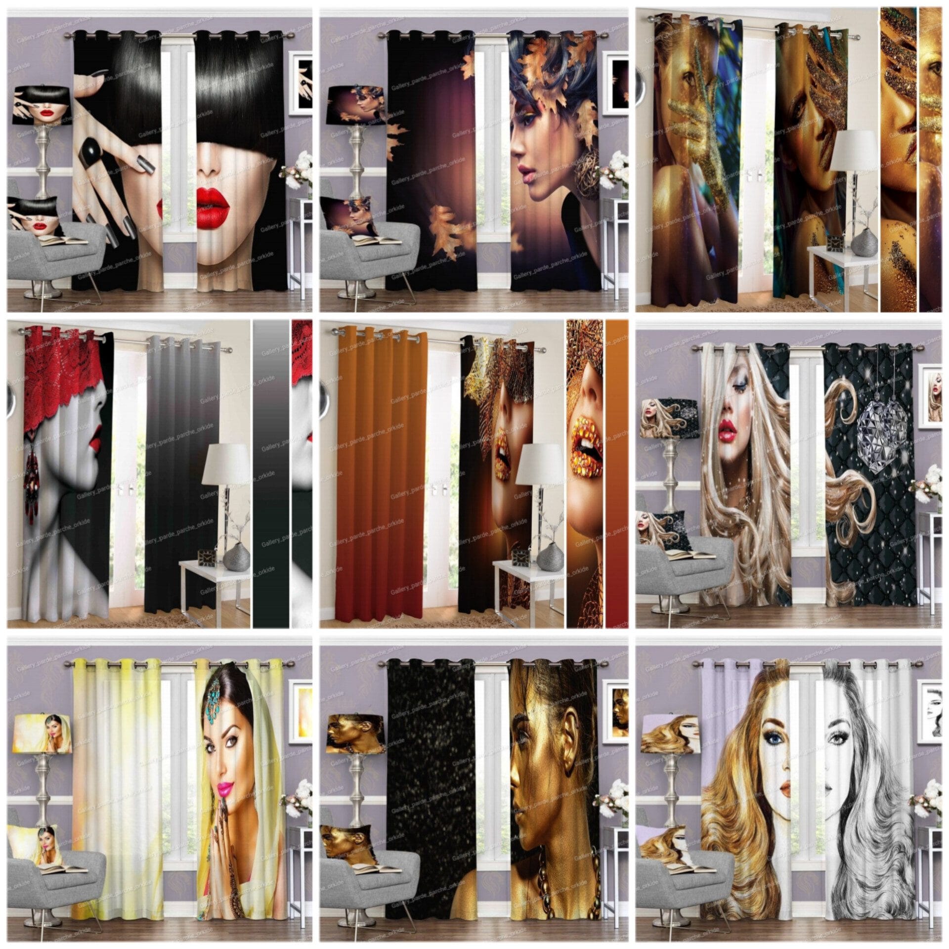 پرده چاپی طرح پرتره مناسب سالن زیبایی و فضاهای هنری