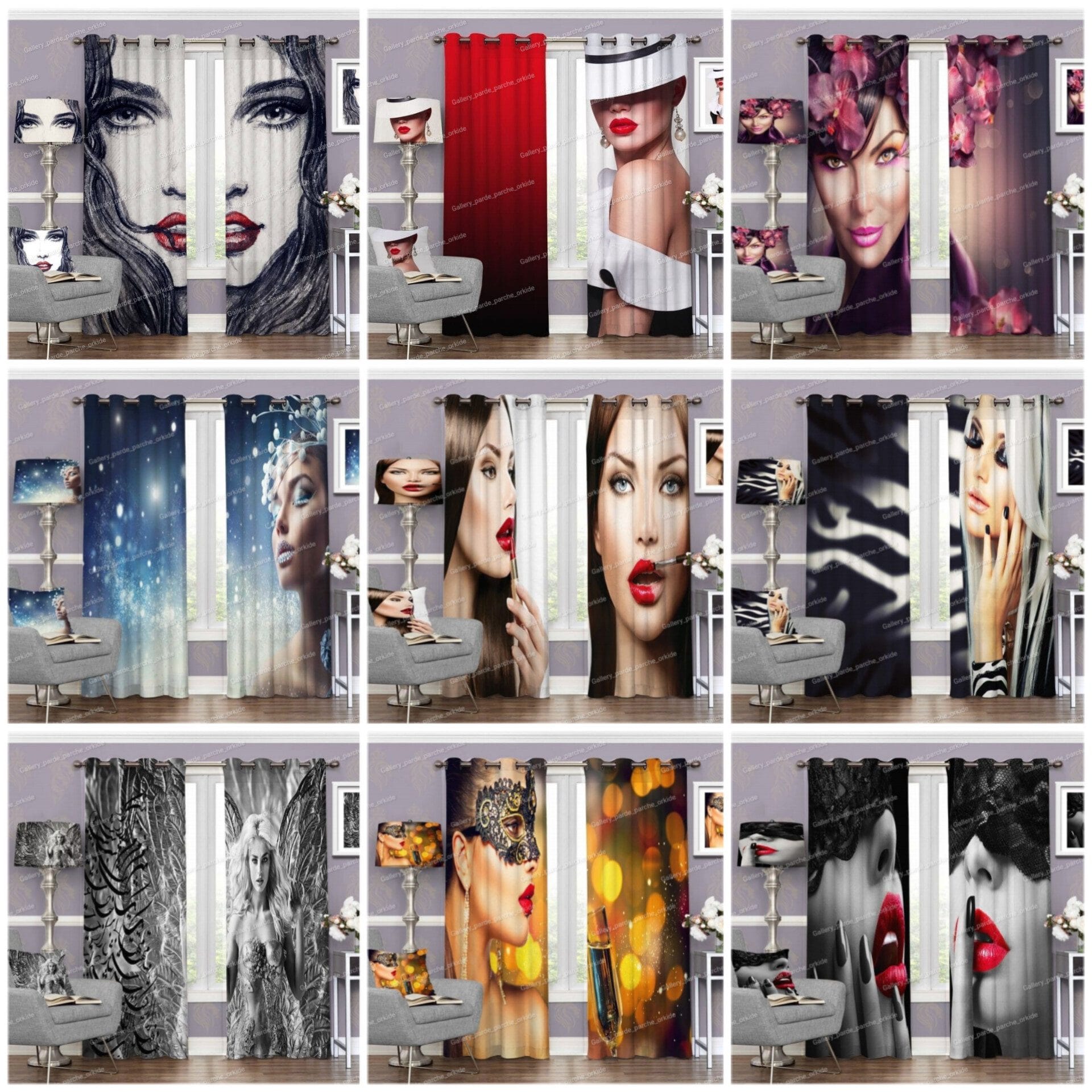 پرده چاپی طرح پرتره مناسب سالن زیبایی و فضاهای هنری